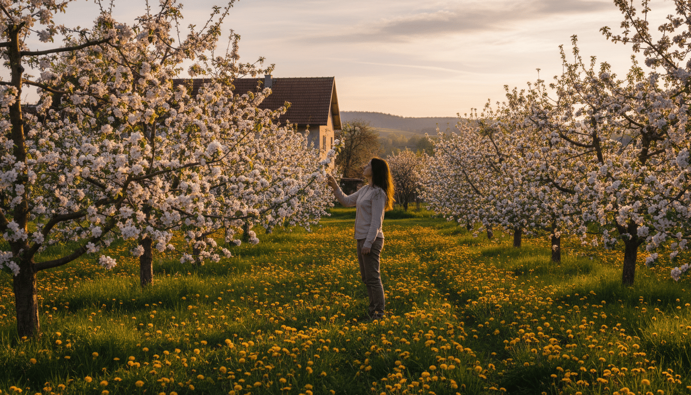 Pissenlits en fleurs sous des pommiers dans un verger