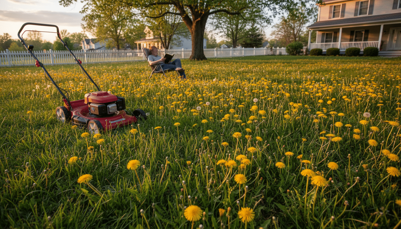 Pelouse non tondue couverte de pissenlits avec tondeuse au repos