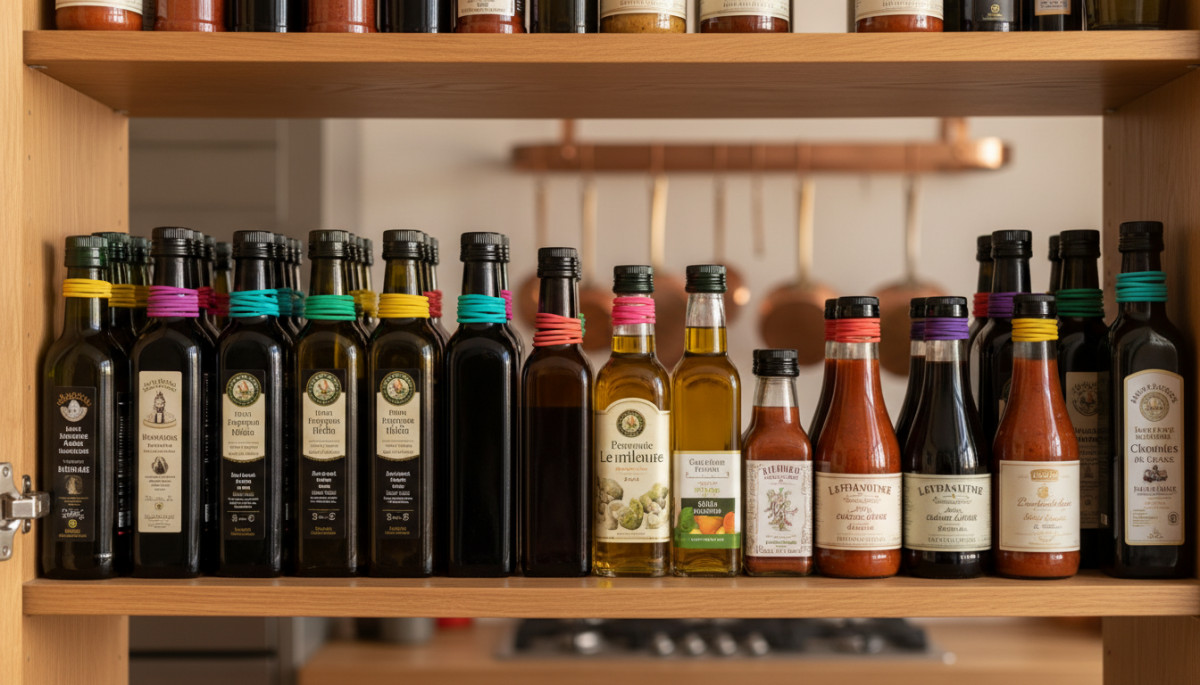 Placard cuisine avec bouteilles équipées d'élastiques colorés