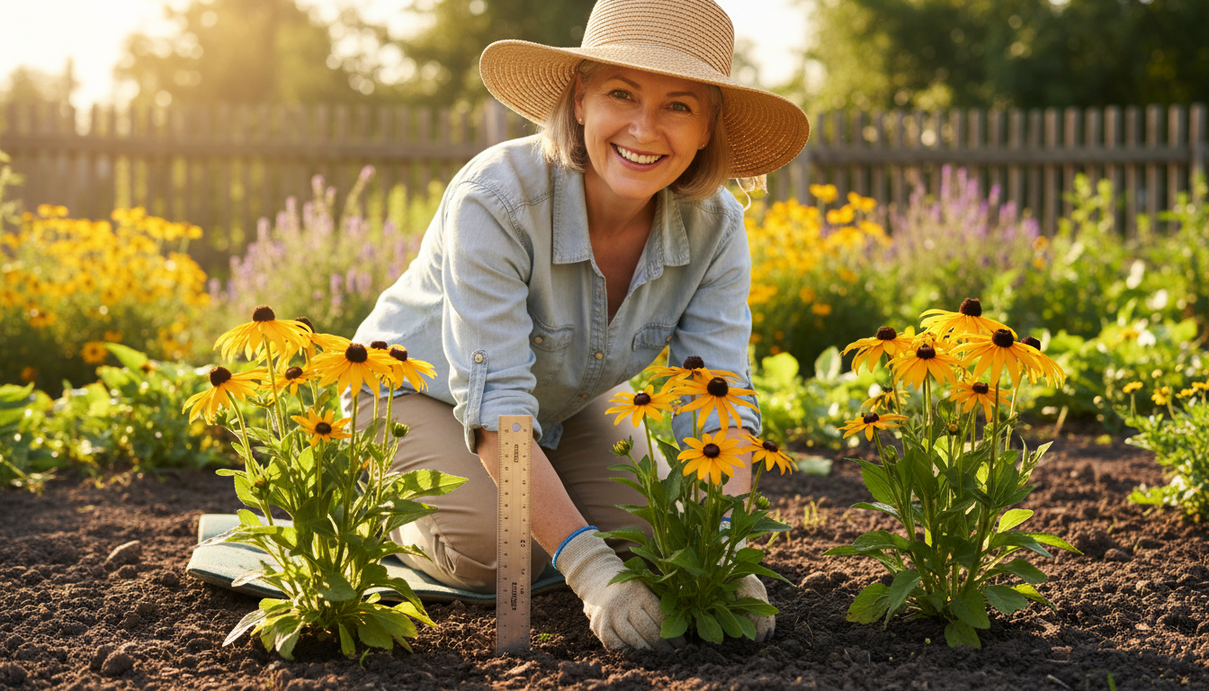 Femme plantant des rudbeckias espacés de 30 cm au jardin