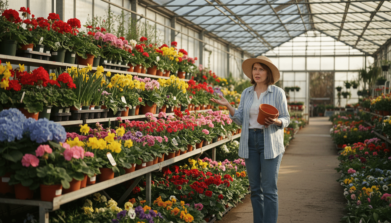 Jardinier hésitant devant des plantes en jardinerie au printemps