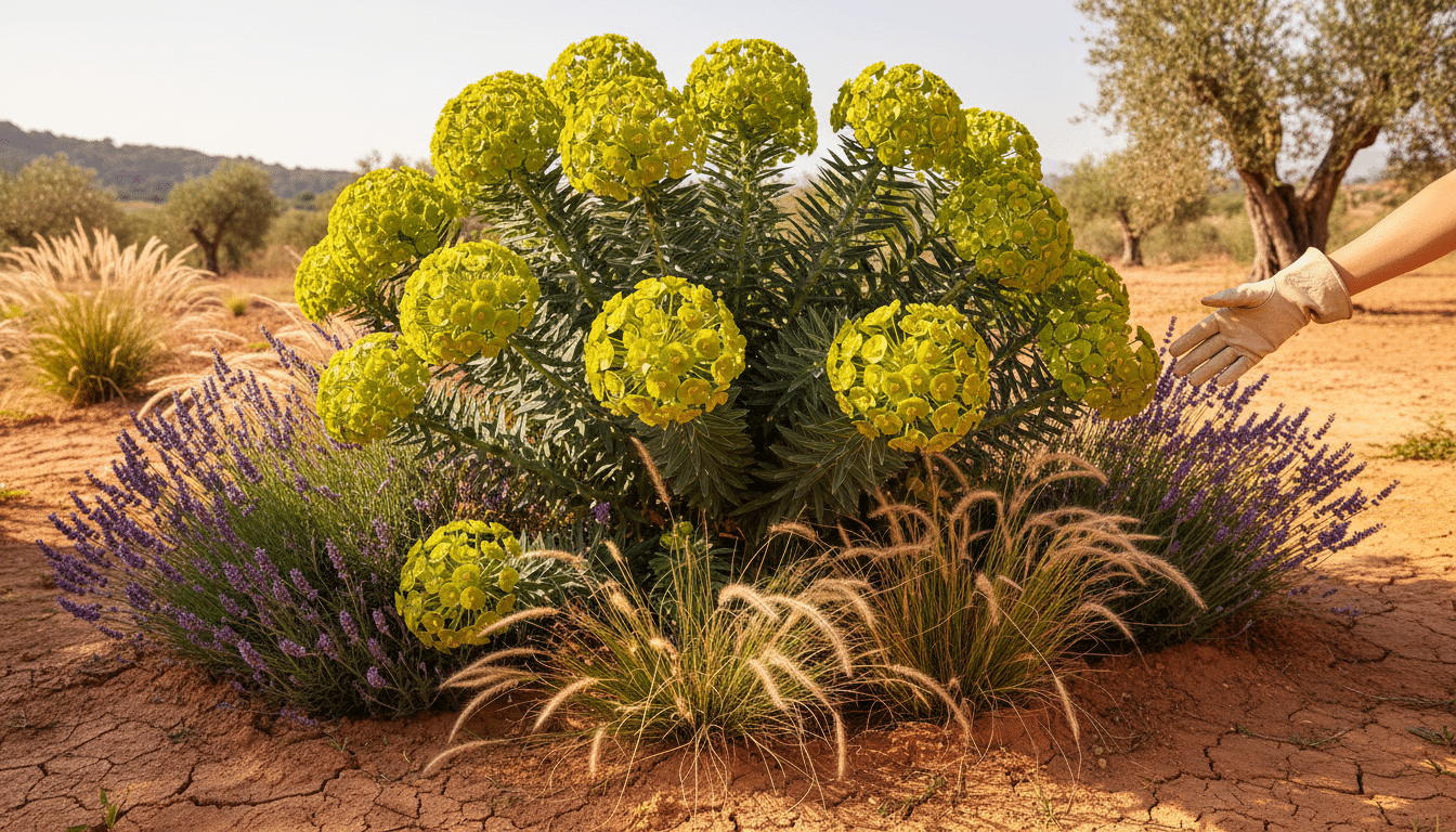Euphorbia characias dans un jardin sec de style méditerranéen
