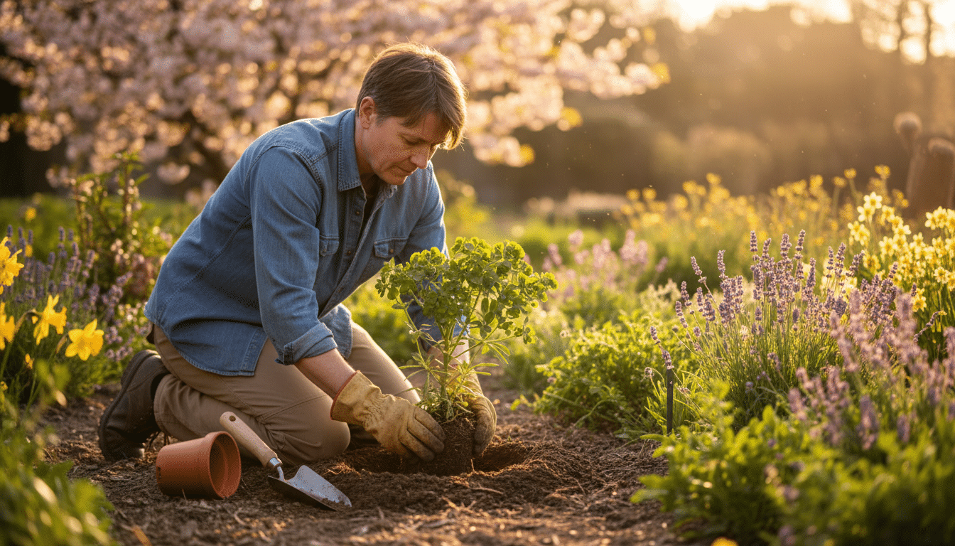 Plantation d'une euphorbe characias en pleine terre en avril