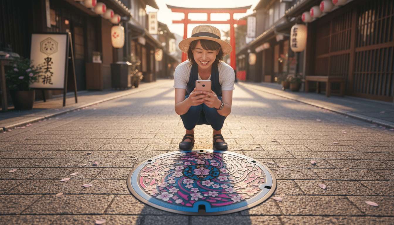 Plaque d'égout japonaise décorée de fleurs de cerisier
