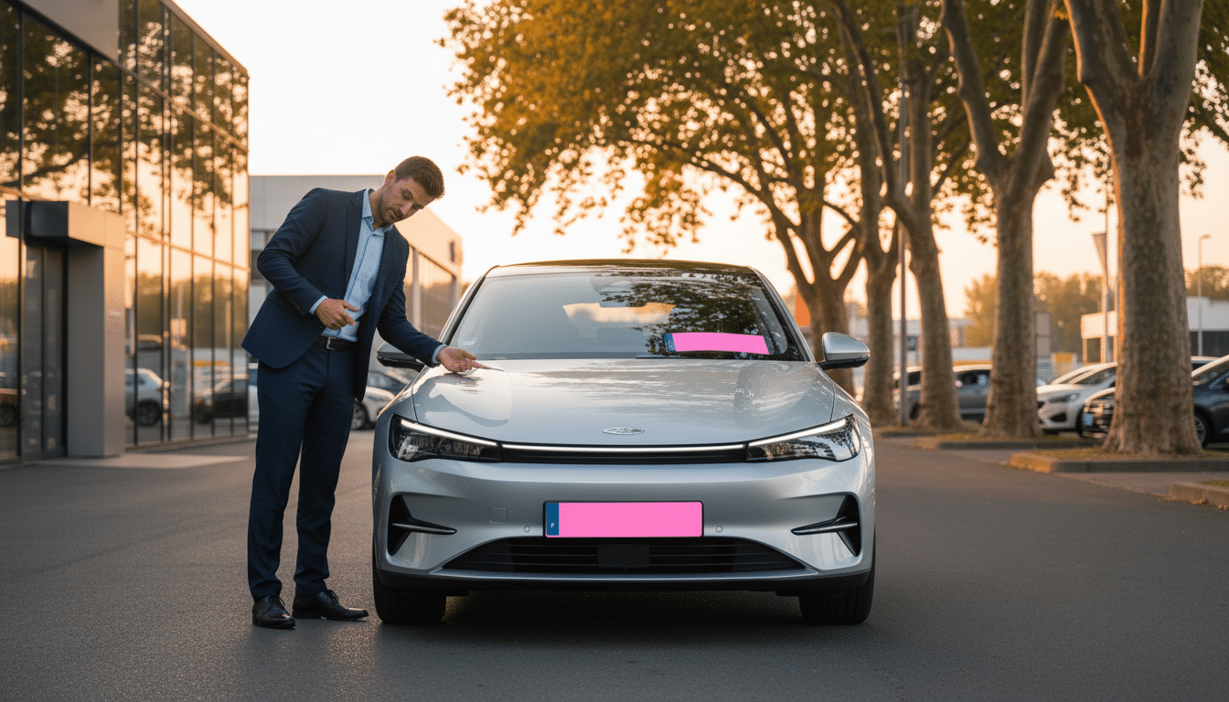 Voiture neuve avec plaque rose provisoire chez un concessionnaire