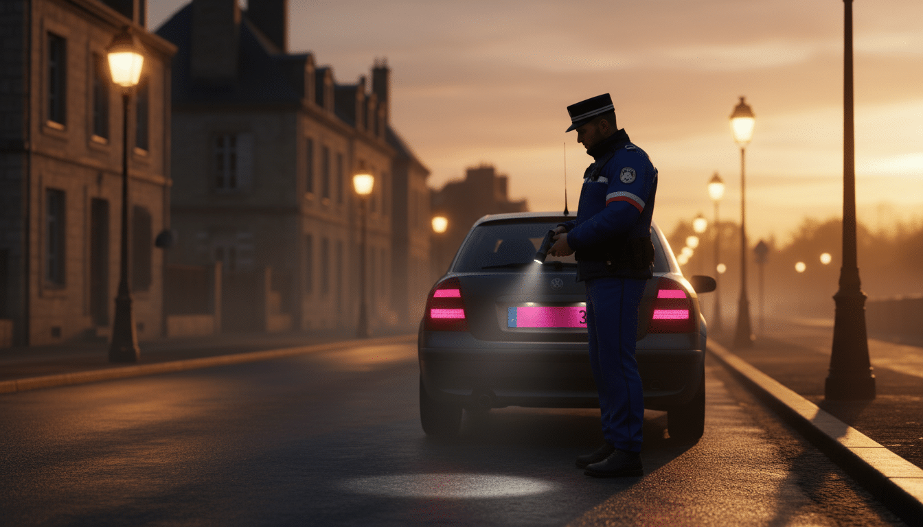 Policier contrôlant une plaque d'immatriculation rose sur la route
