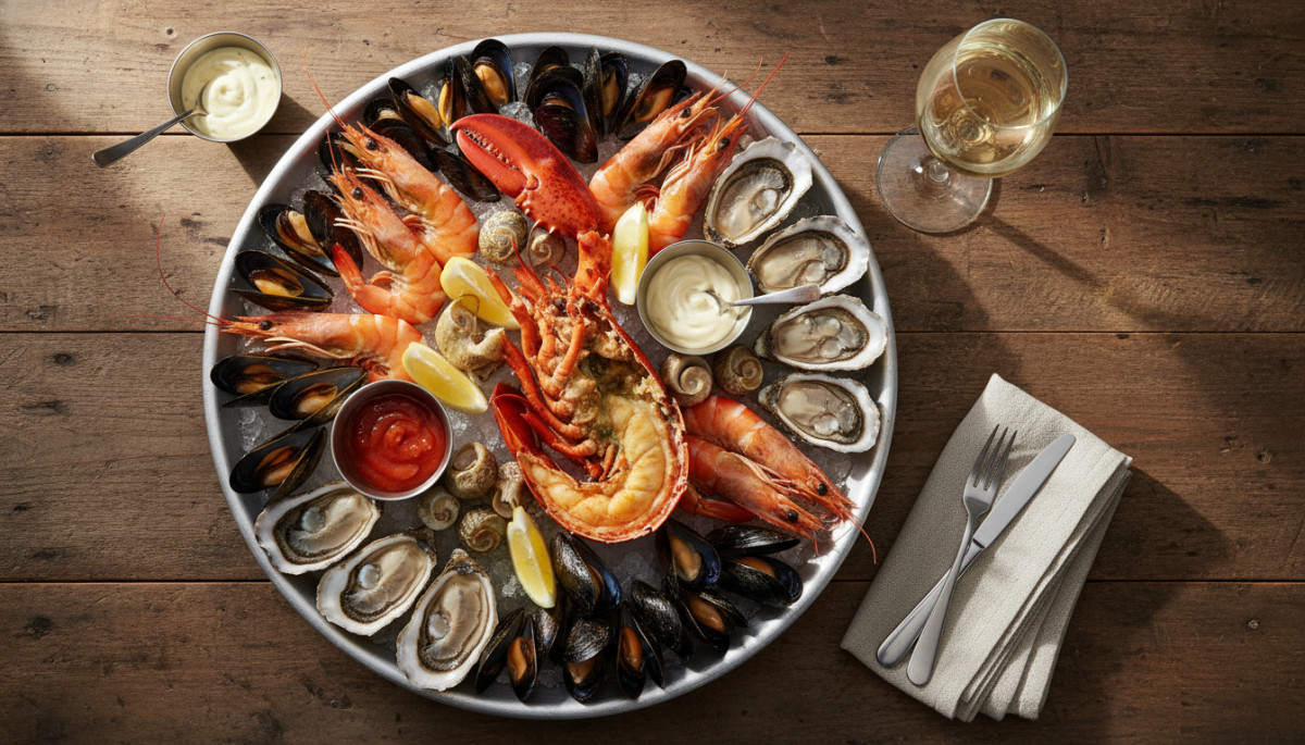 Plateau de fruits de mer traditionnel français vue de dessus