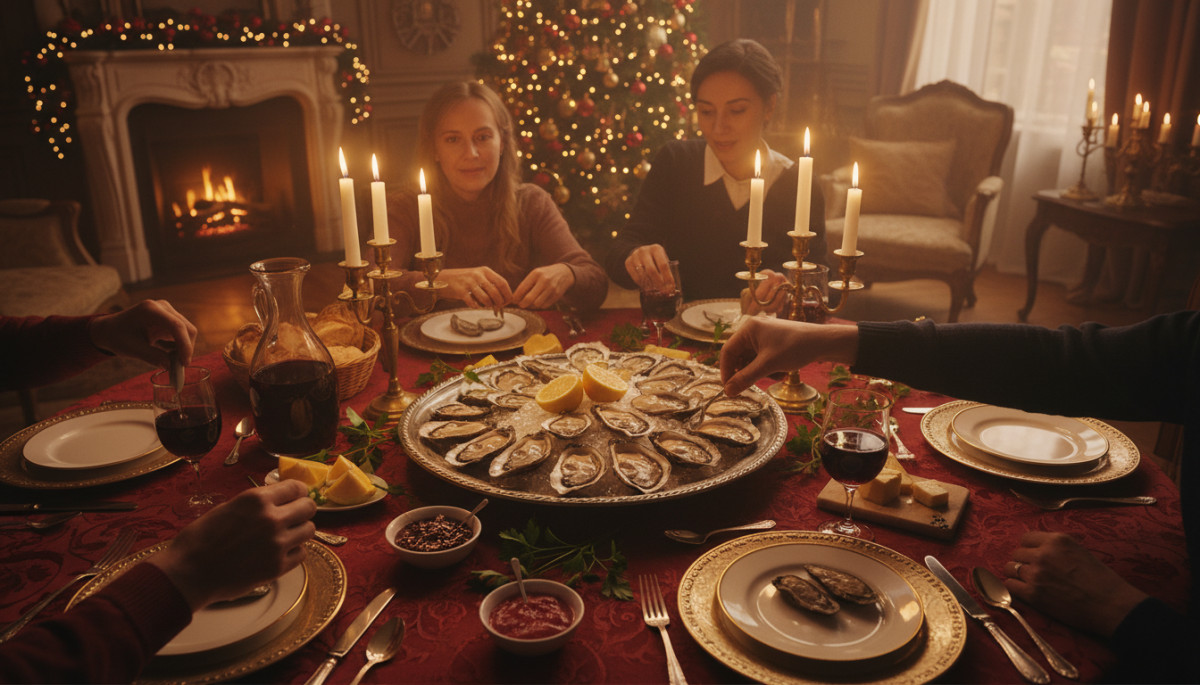 Plateau d'huîtres sur table de fête à Noël