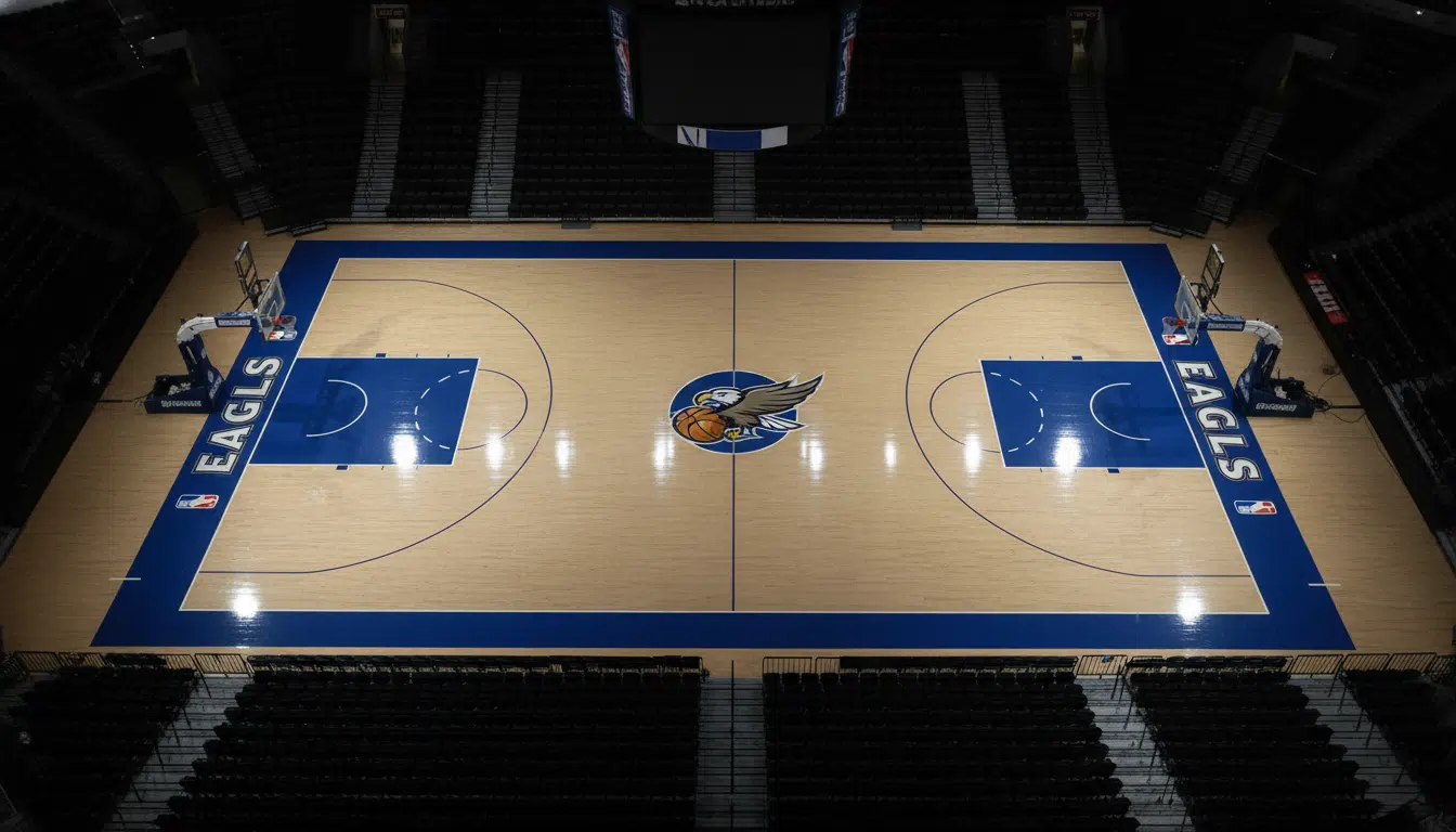 Terrain de basketball NBA vide sous les lumières de l'arène en soirée