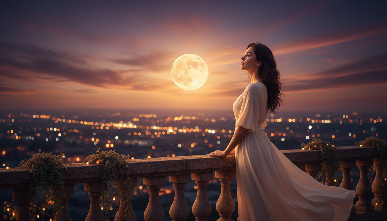 Femme contemplant la Pleine Lune depuis un balcon