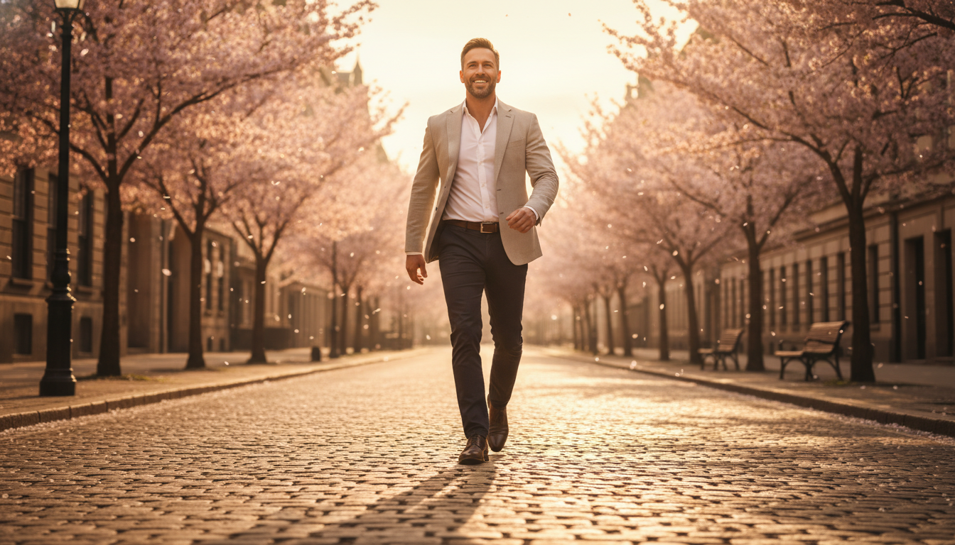 Homme marchant avec énergie dans la lumière dorée du matin