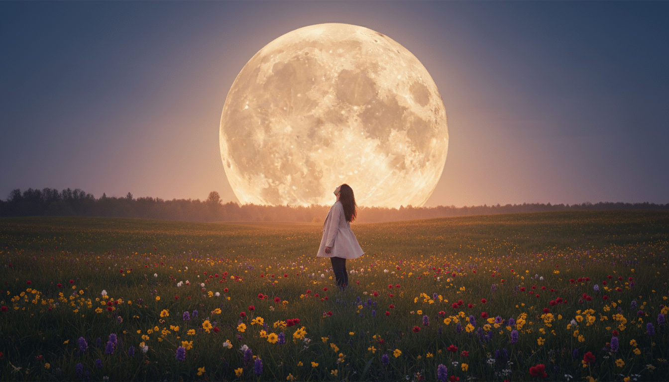 Pleine lune des fleurs au-dessus d'une prairie en mai