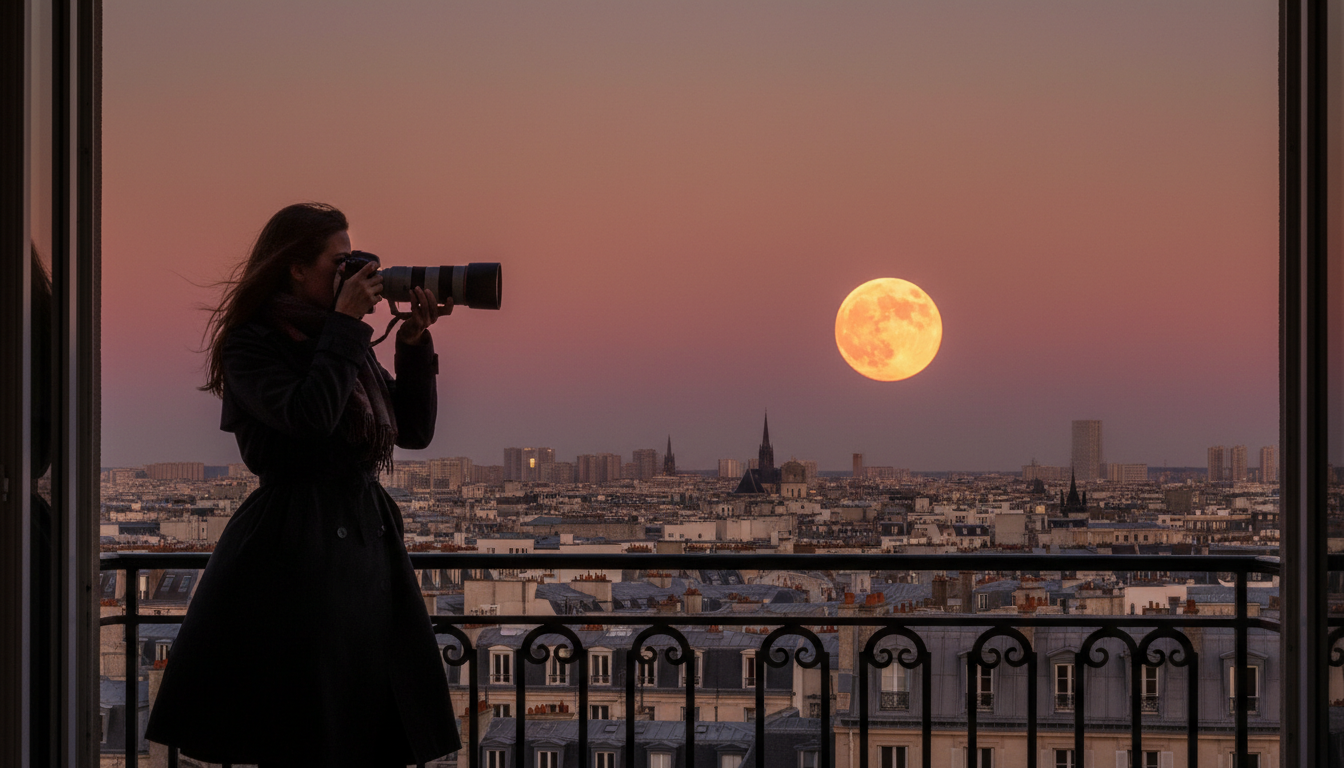 Observation de la pleine lune au crépuscule depuis un balcon