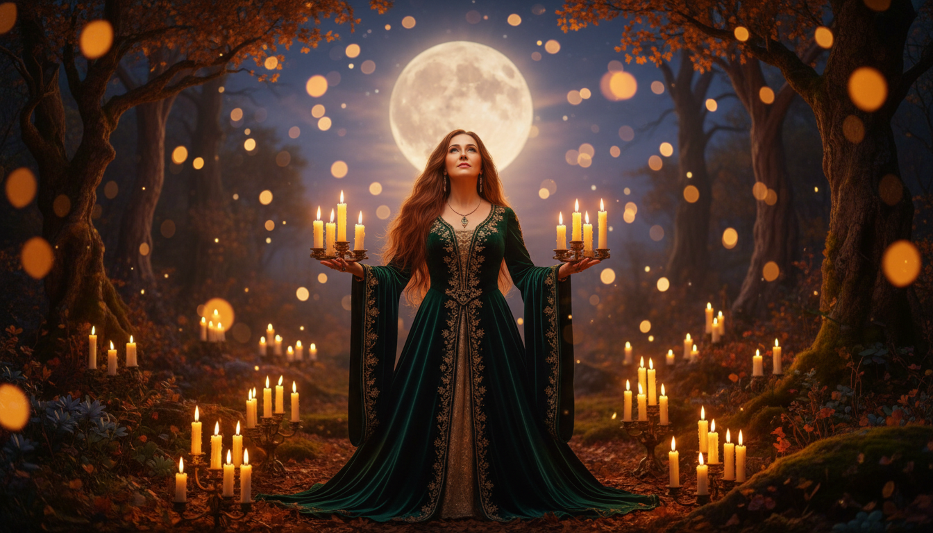 Femme contemplant la pleine lune dans une ambiance mystique dorée