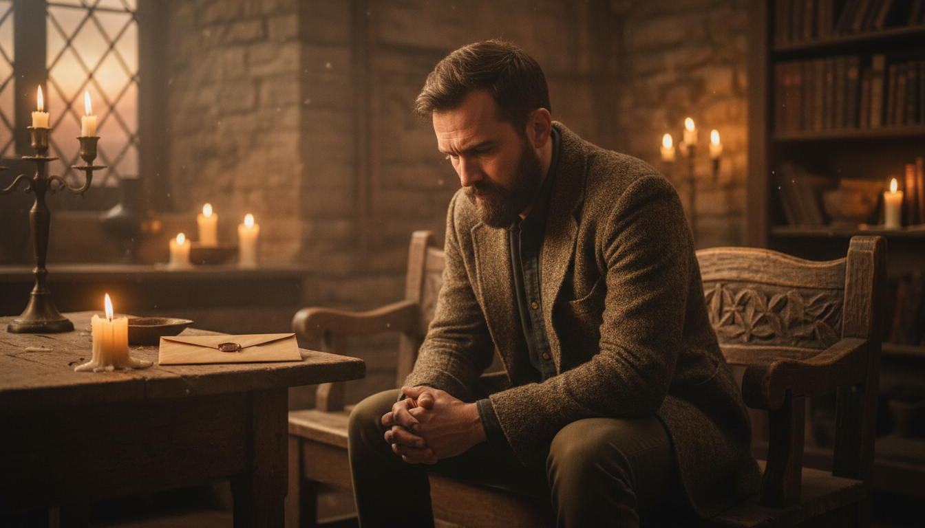 Homme pensif assis seul à une table avec une enveloppe scellée