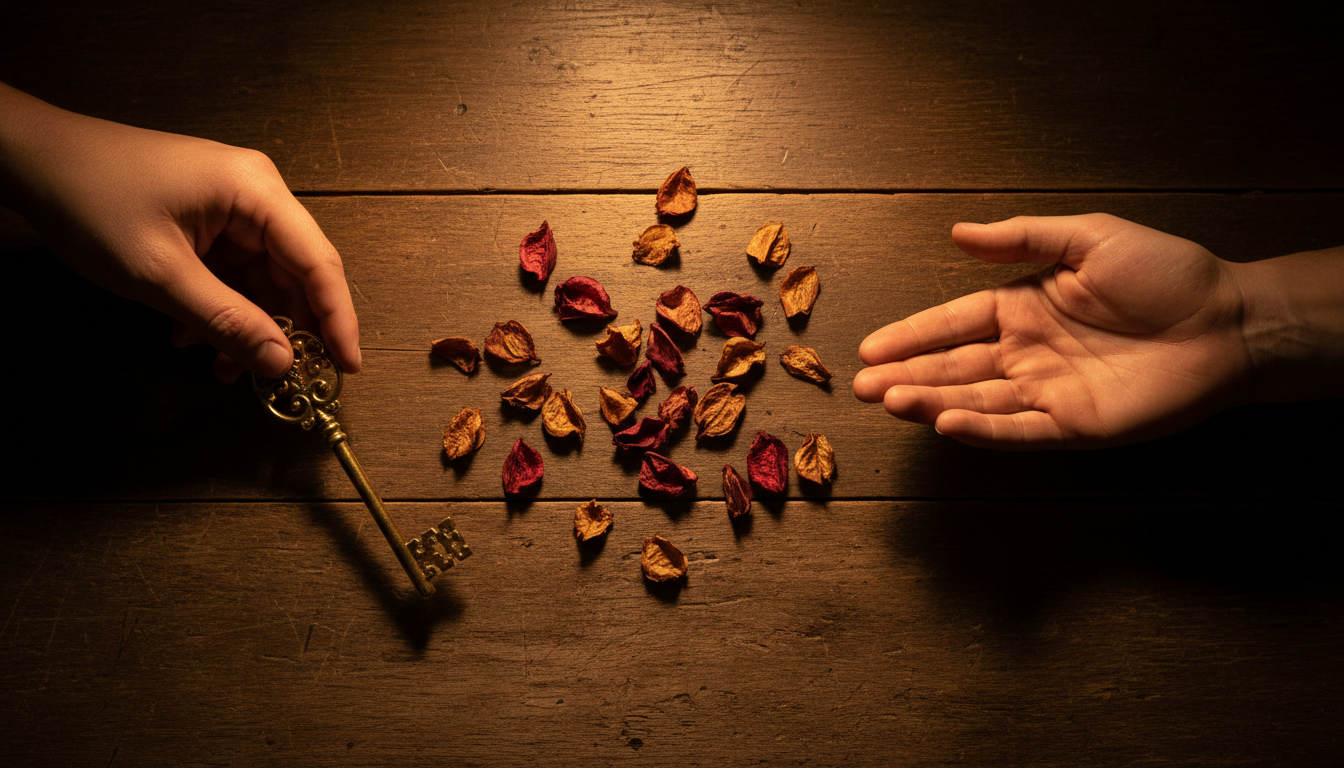 Deux mains face à face sur une table sombre avec une clé dorée