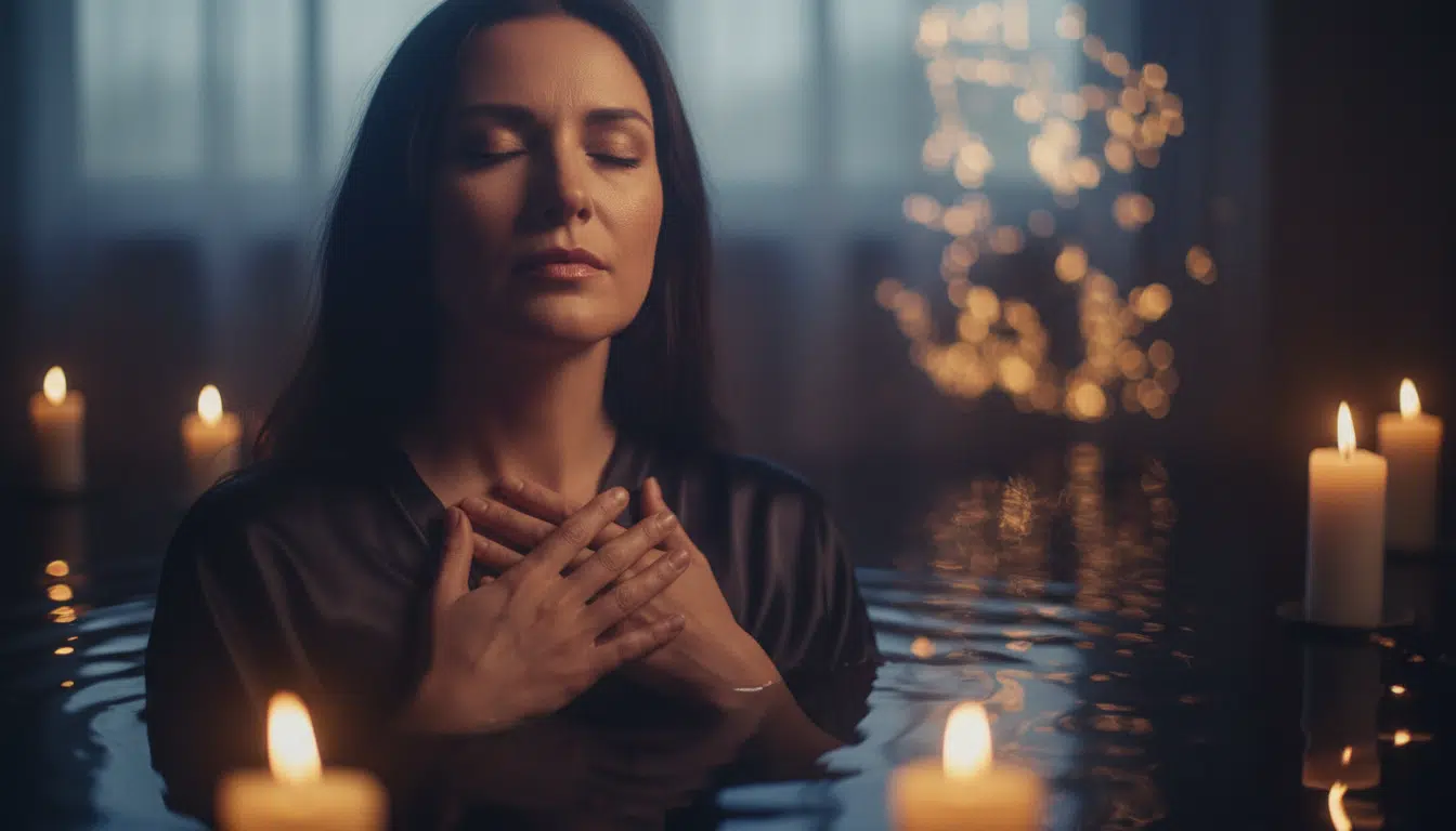 Femme les yeux fermés ressentant l'énergie intense de la pleine lune
