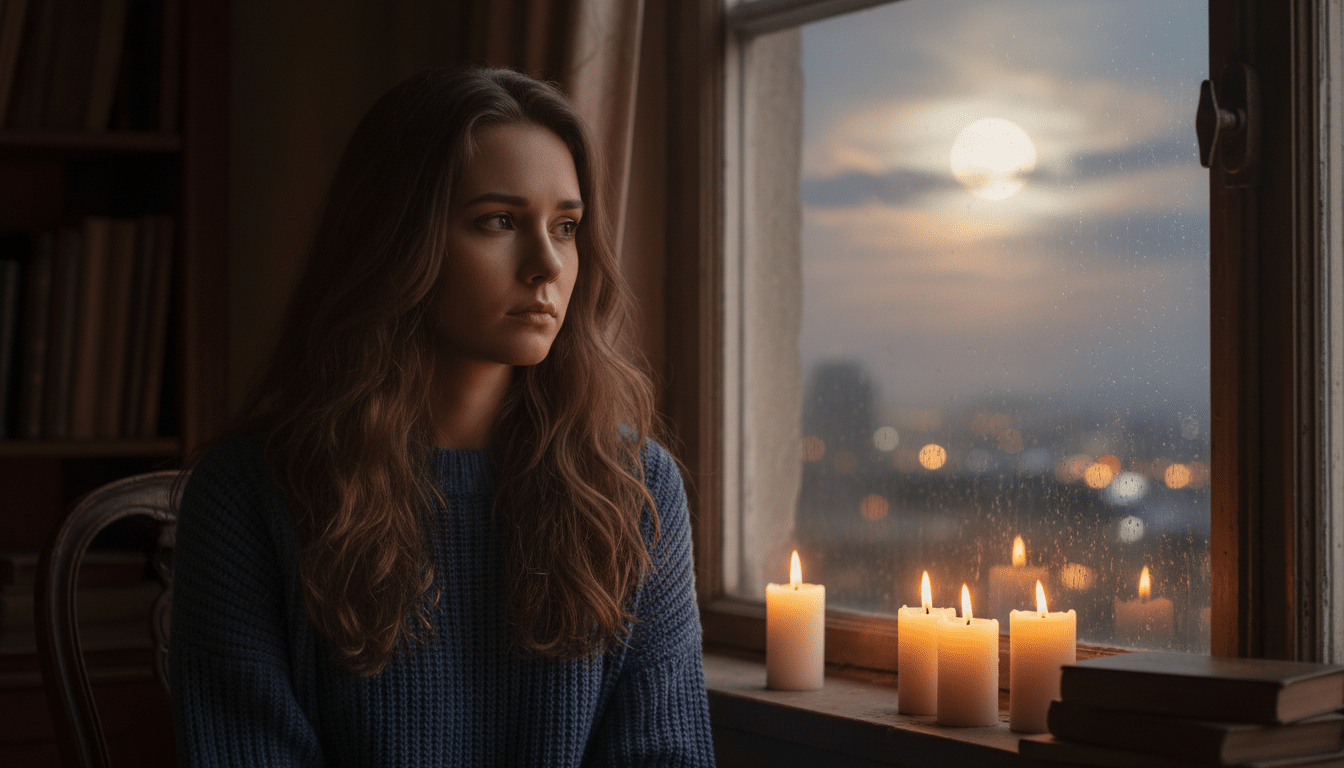 Femme pensive devant la pleine lune la nuit