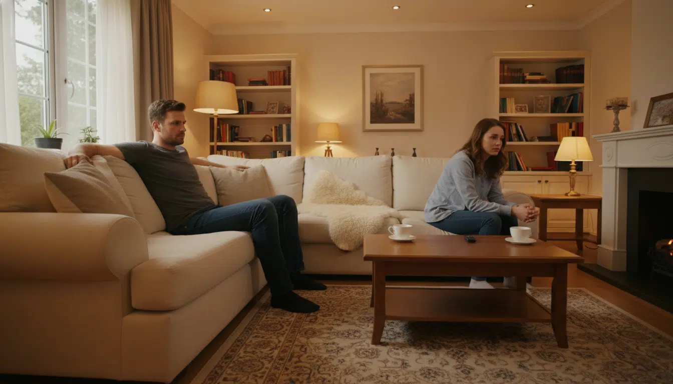 Couple en tension dans un salon chaleureux
