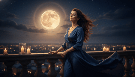 Femme baignée de lumière de pleine lune sur un balcon