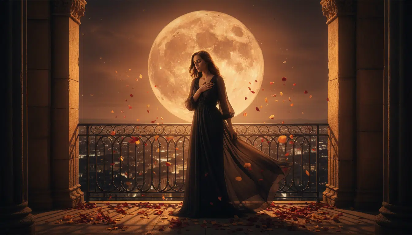 Femme contemplant la pleine lune depuis un balcon fleuri