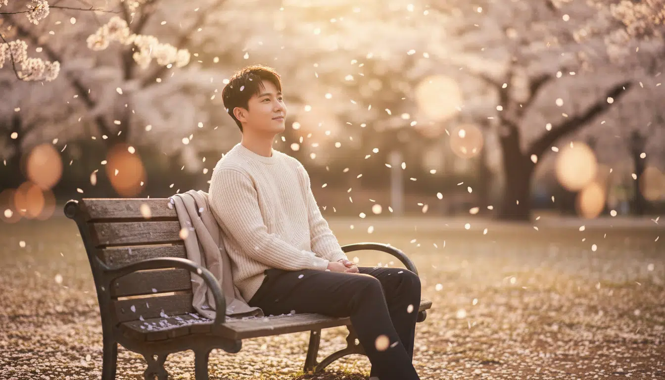 Homme souriant sous les cerisiers en fleurs au printemps