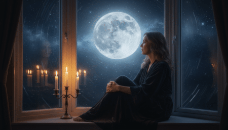 Femme contemplant la pleine lune près d'une fenêtre