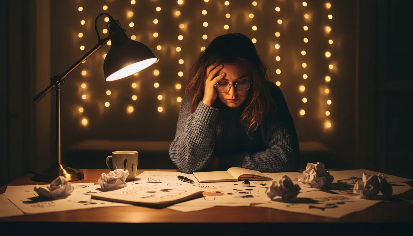 Femme pensive entourée de notes à son bureau