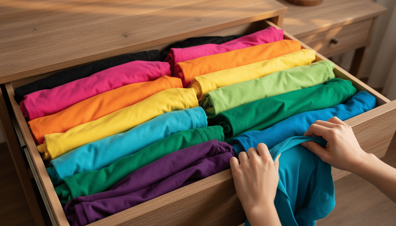 Tiroir désordonné avec t-shirts empilés à l'horizontale