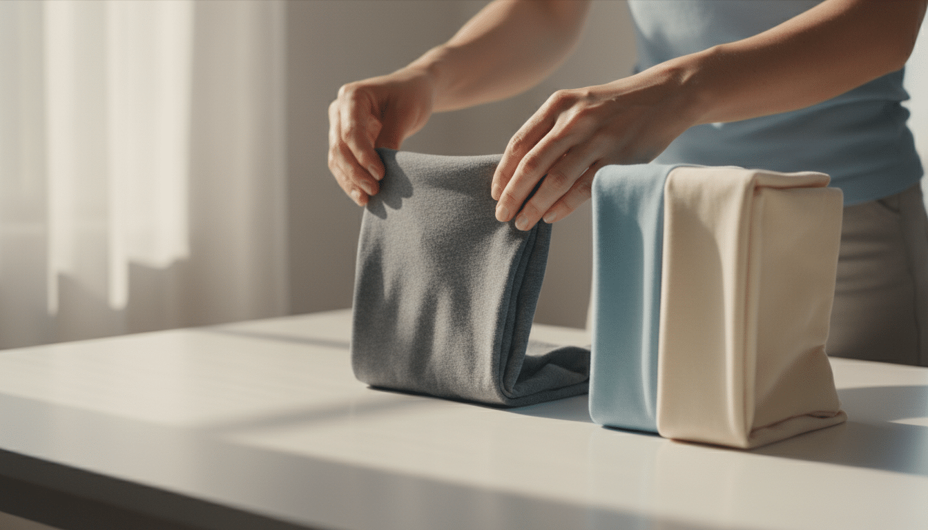 Mains pliant un t-shirt selon la méthode KonMari verticale