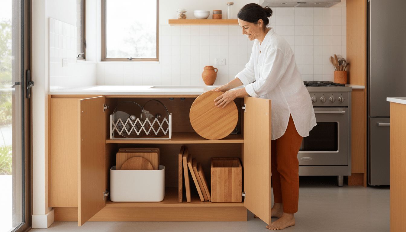 Cuisine rangée avec planches et couvercles rangés à la verticale