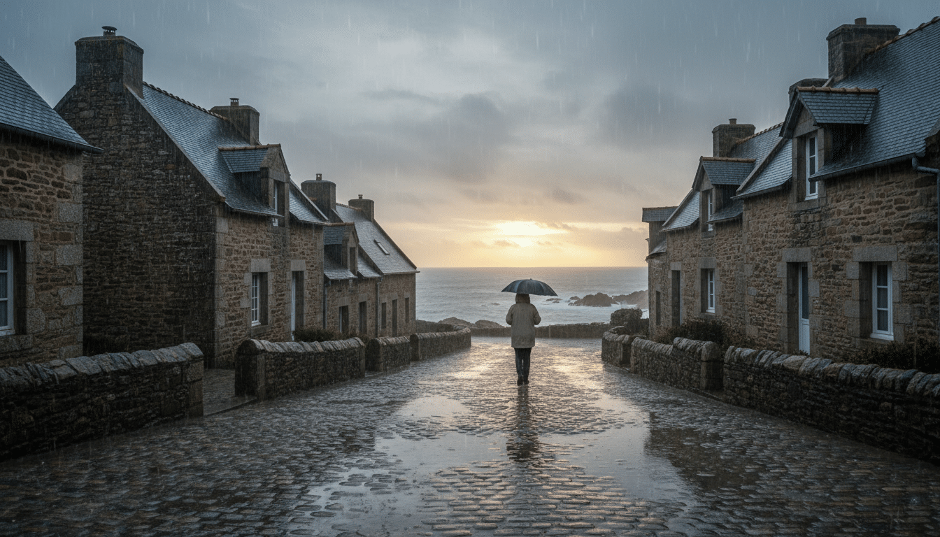 Pluie et averses sur village breton côte atlantique