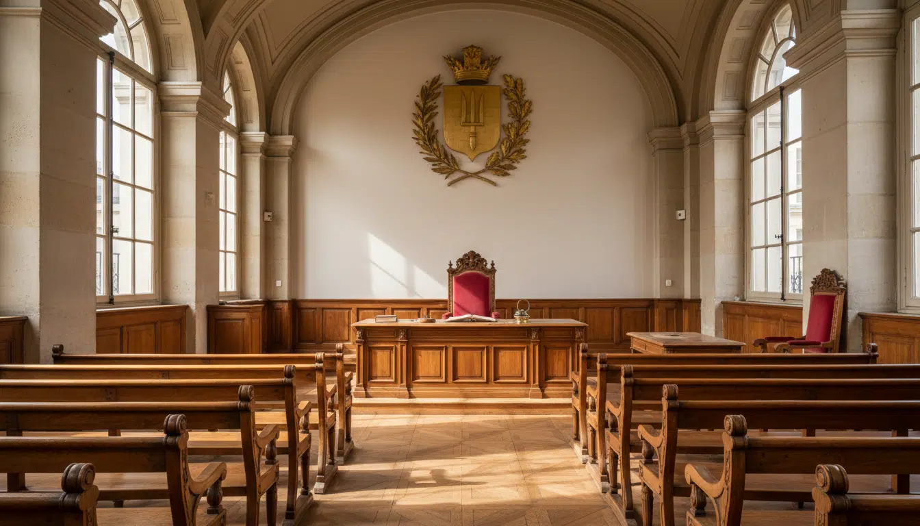 Salle d'audience d'un tribunal français vide, bancs en bois et lumière naturelle