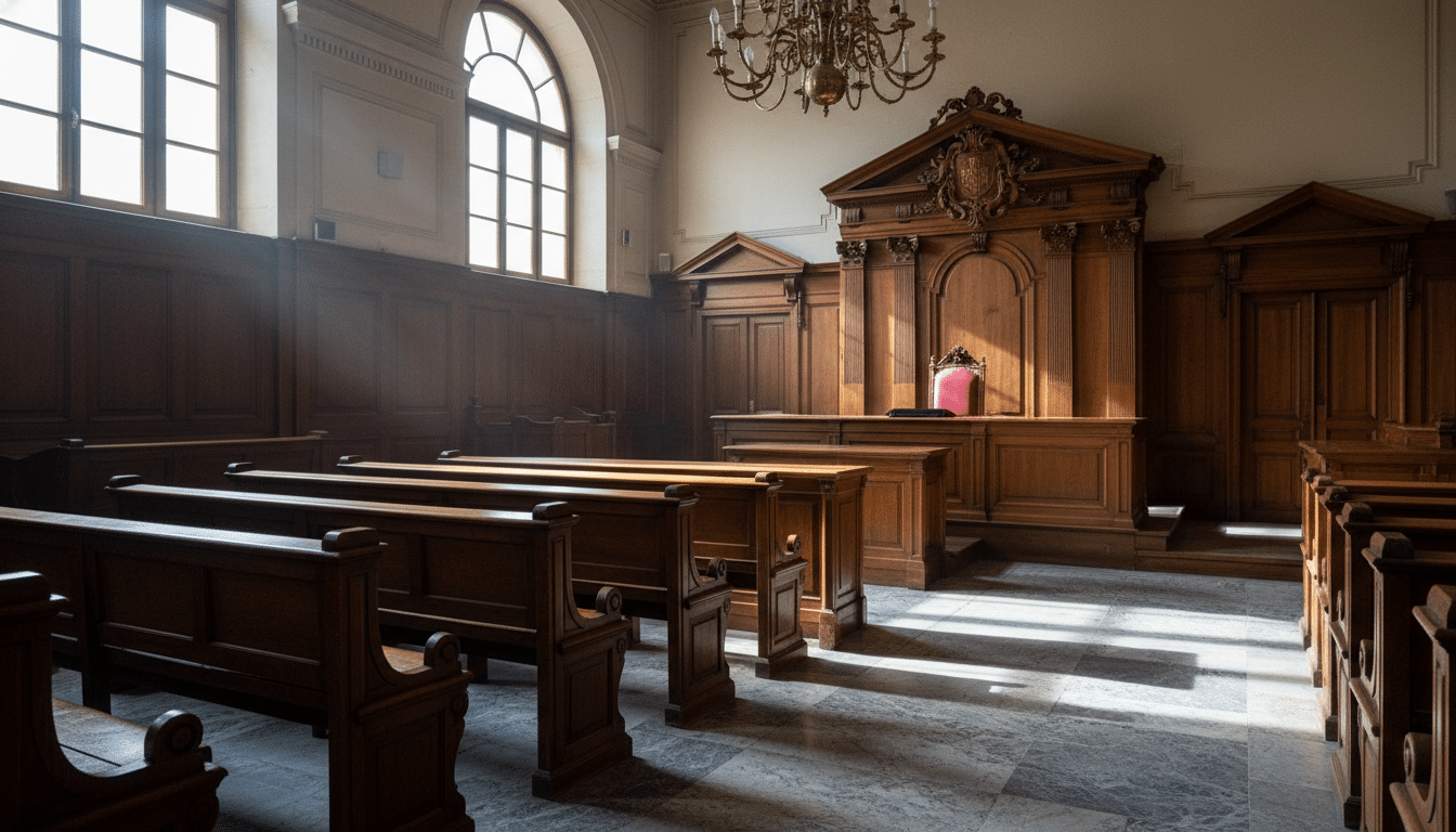 Salle d'audience d'un tribunal français vide, ambiance dramatique avec lumière naturelle filtrant par les fenêtres