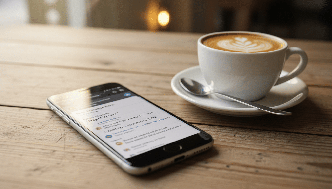 Gros plan d'un smartphone affichant un email sur une table de café, évoquant le mail décisif découvert par Luna dans l'épisode