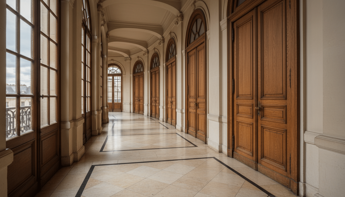 Couloir de palais de justice français vide, ambiance feutrée et solennelle