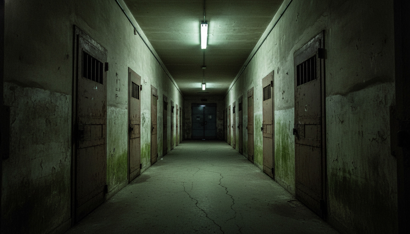 Couloir de prison sombre et froid, évoquant le drame qui frappe Félix en détention dans l'épisode 555