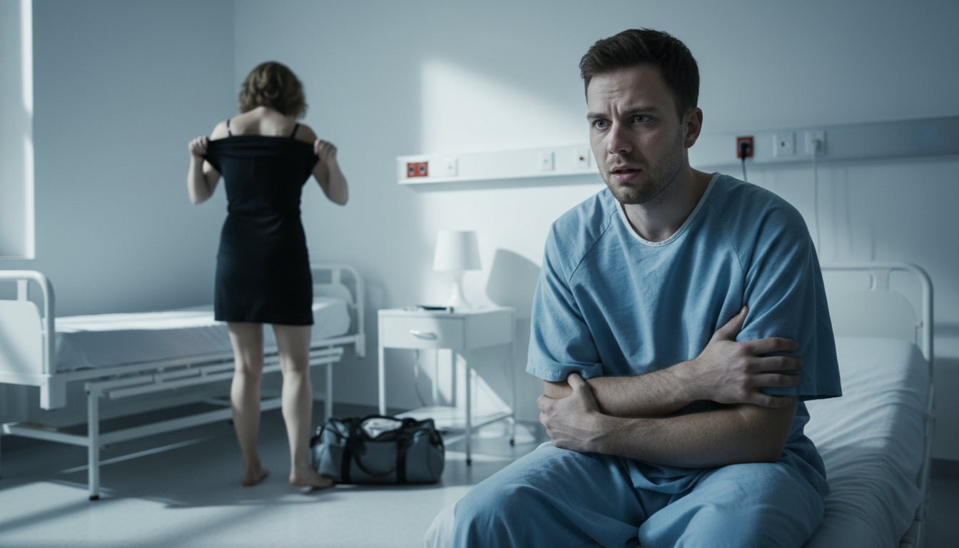 Young man in his late 20s sitting in a hospital room looking overwhelmed and manipulated, a woman in the background getting dressed to leave, clinical white environment, tense atmosphere, dramatic lighting