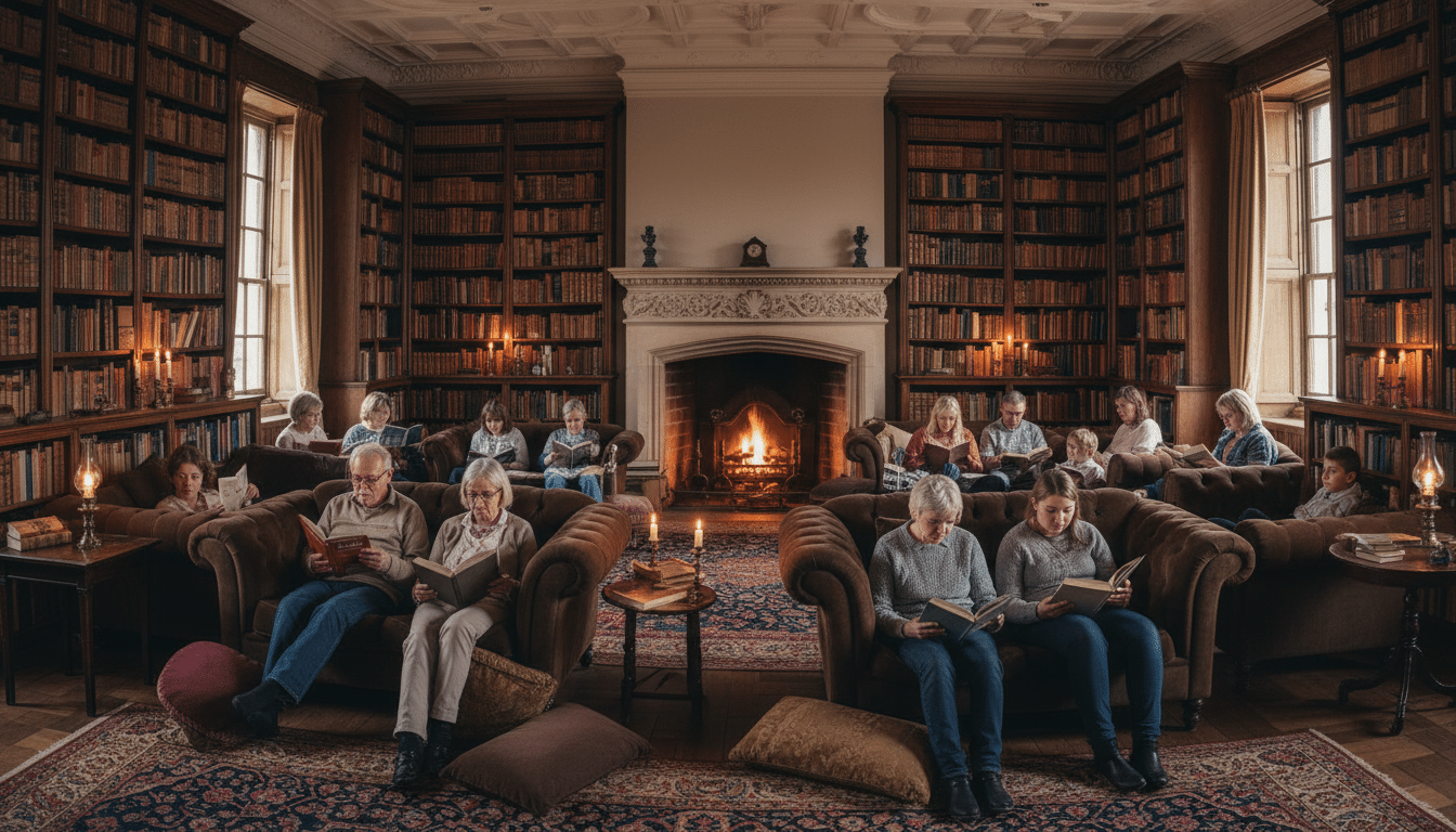 Grande salle de lecture chaleureuse dans une maison anglaise