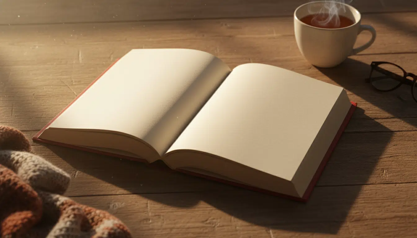 Un livre ouvert posé sur un bureau en bois baigné d'une lumière dorée, évoquant la publication des mémoires de Matthieu Delormeau