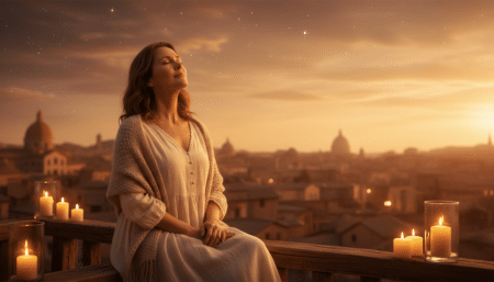 Femme sereine sur un balcon au crépuscule doré