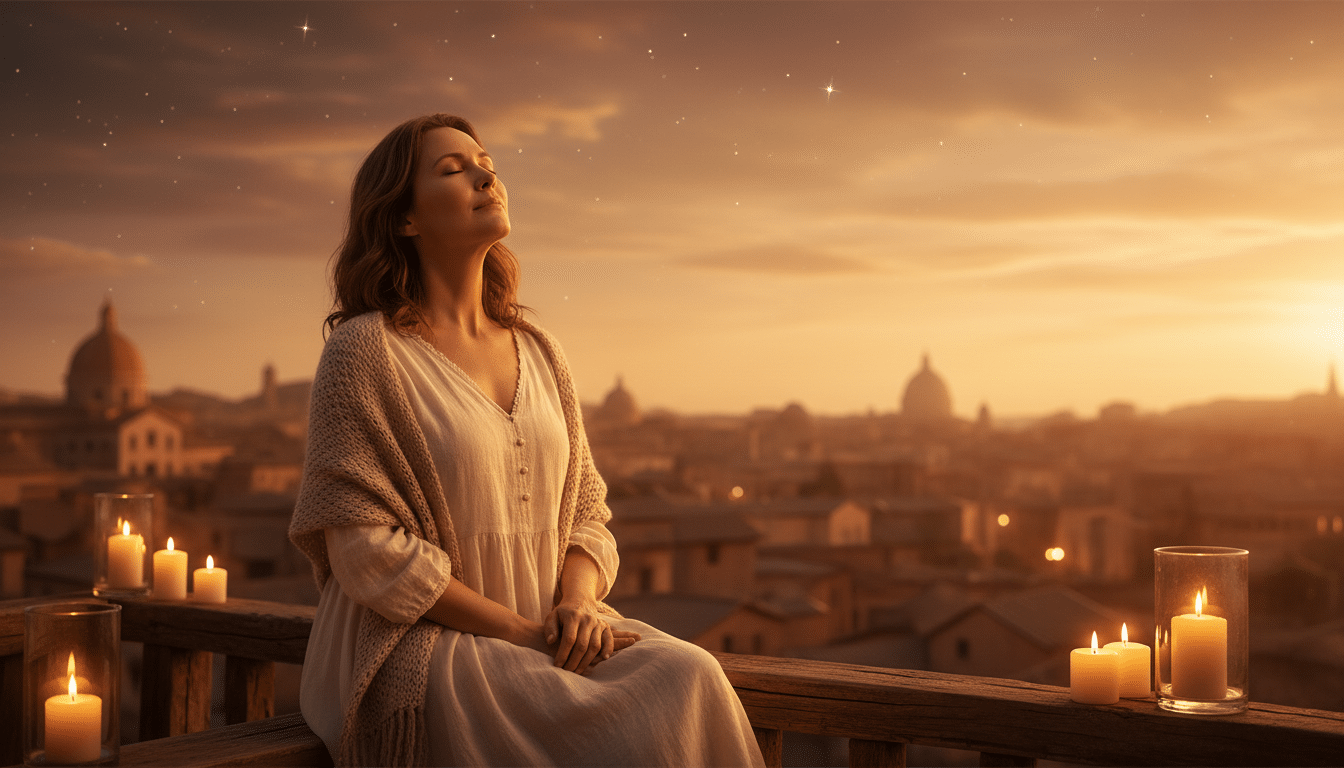 Femme sereine sur un balcon au crépuscule doré