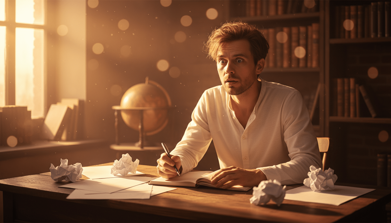 Homme inspiré devant un bureau dans la lumière dorée