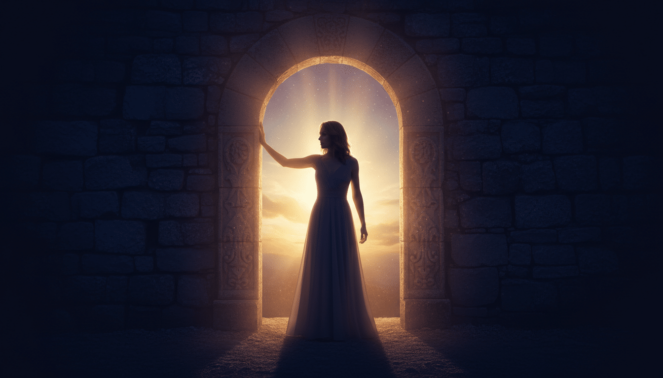 Femme confiante dans l'embrasure d'une porte au coucher du soleil