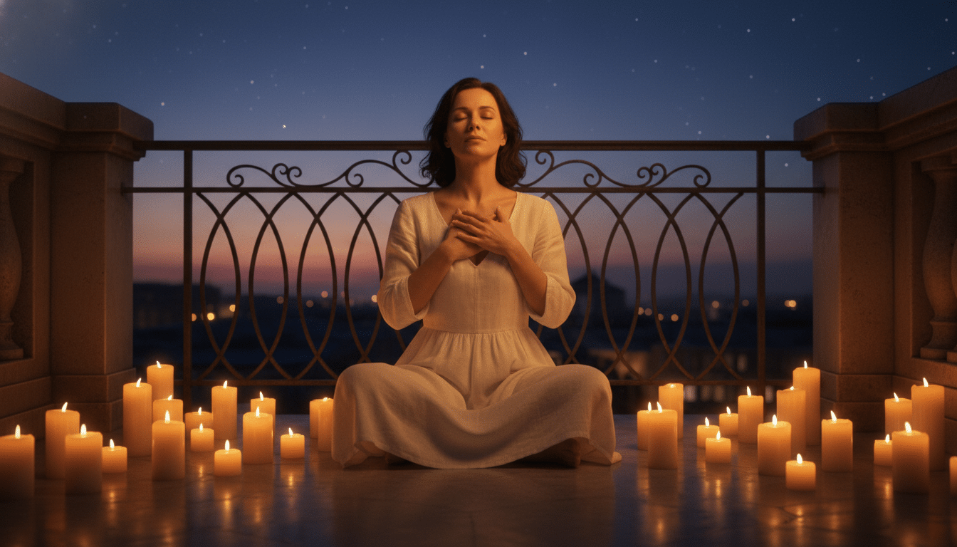 Femme méditant au crépuscule entourée de bougies dorées
