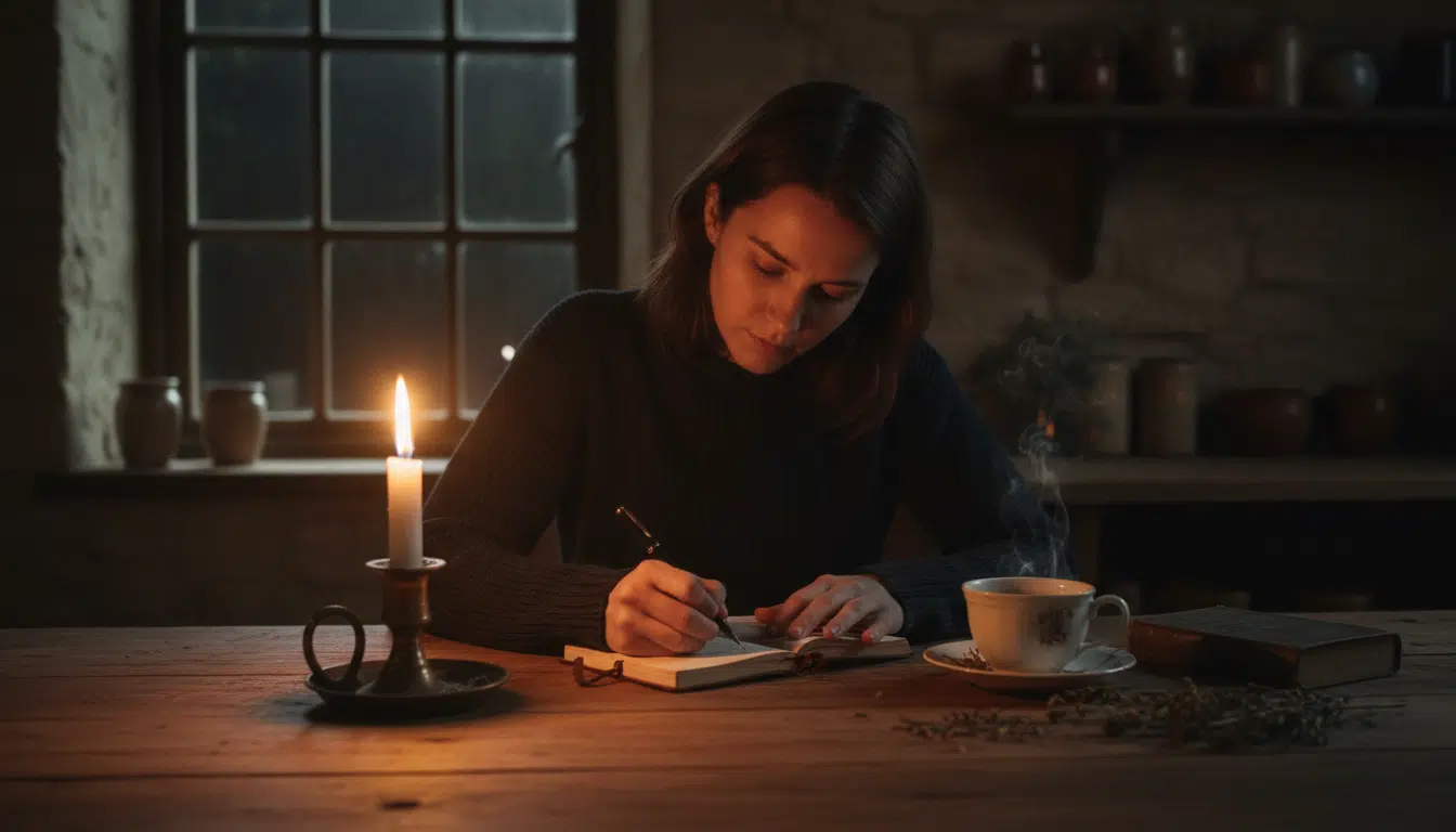 Personne écrivant dans un journal intime à la lueur d'une bougie