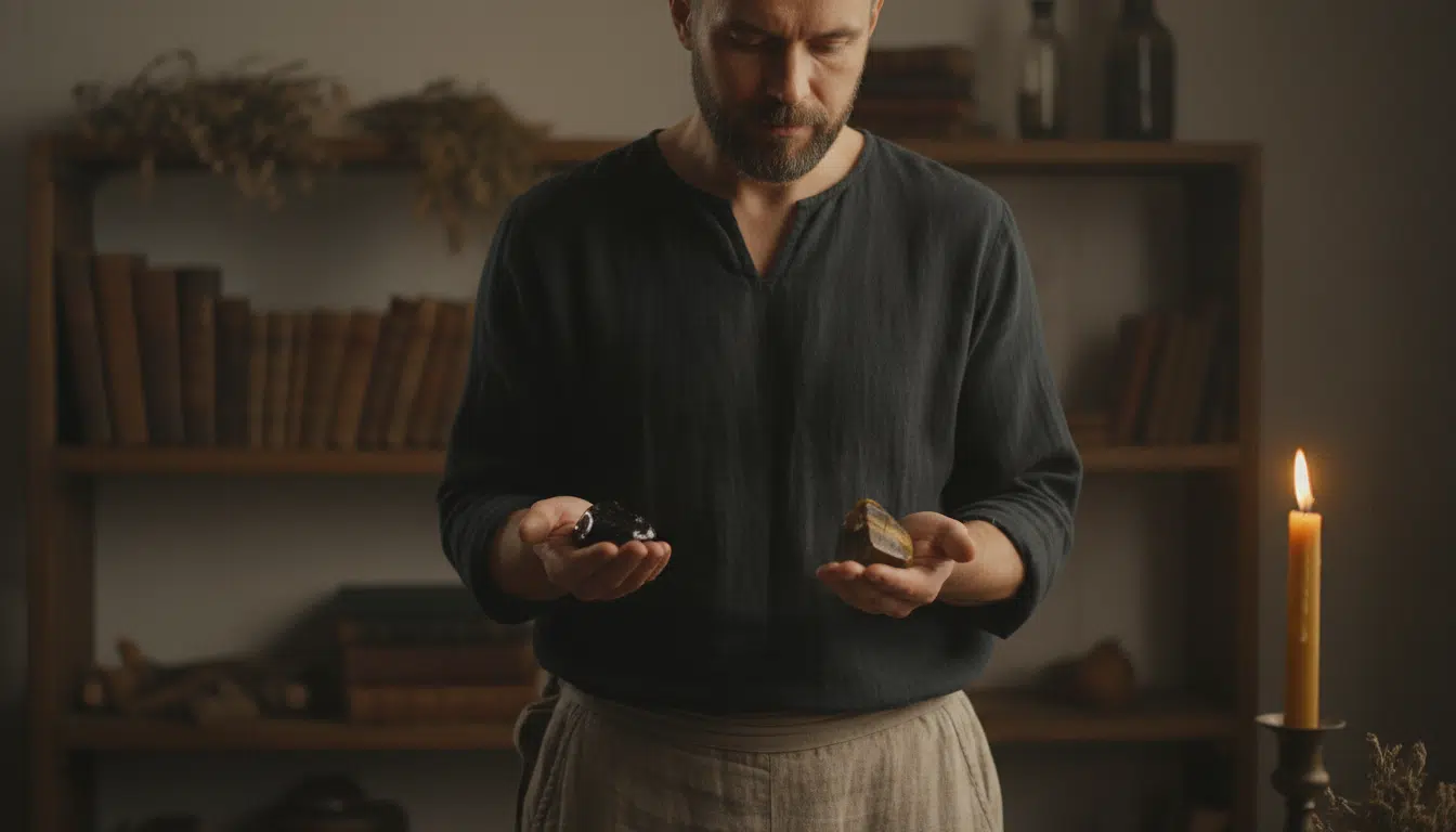 Homme tenant des pierres d'obsidienne et œil de tigre à la lumière dorée