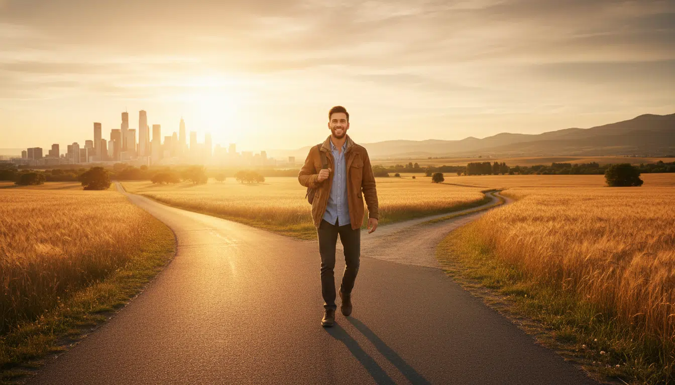 Homme à un carrefour symbolisant un choix de vie