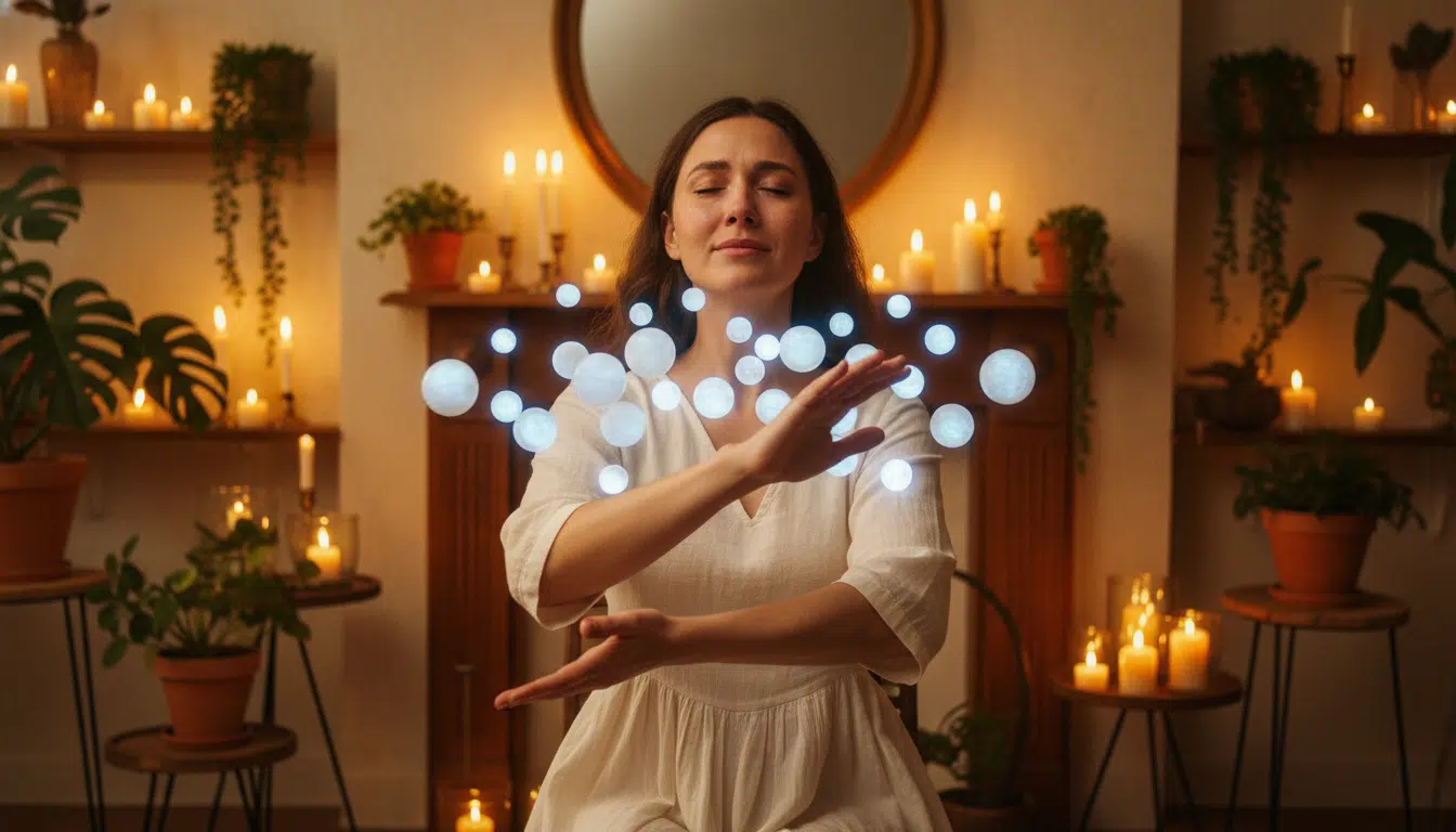 Femme libérée entourée de lumière douce et chaleureuse