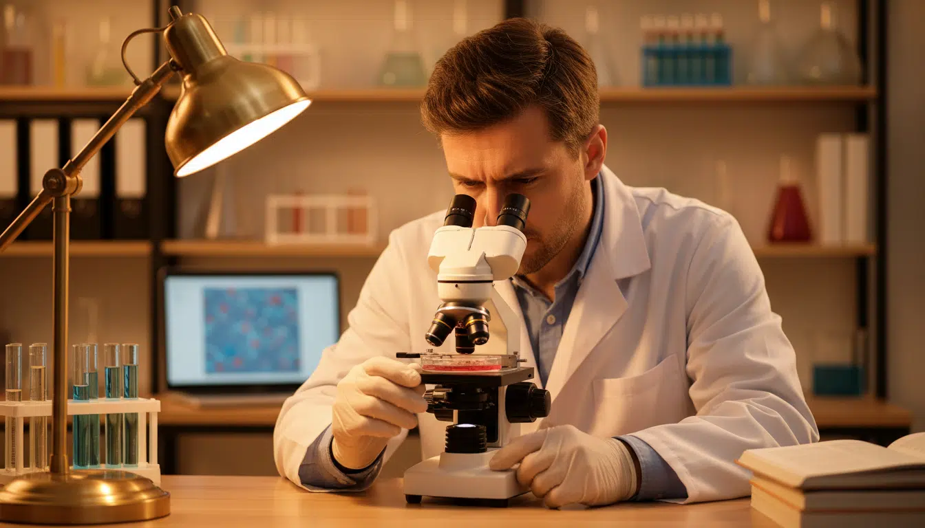 Chercheur analysant des échantillons de tissus au microscope